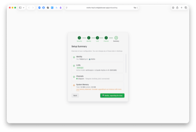 Onboarding — setup summary with identity, LLM and channel config